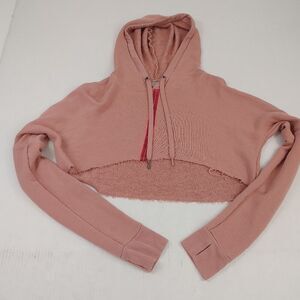Splendid Womens Cropped Hoodie FUZZY Pink Long Sleeve Thumbholes Raw Hem Small